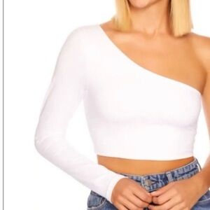 Susana Monaco NWT white Sz M one sleeve Sugar crop top, ties on side.